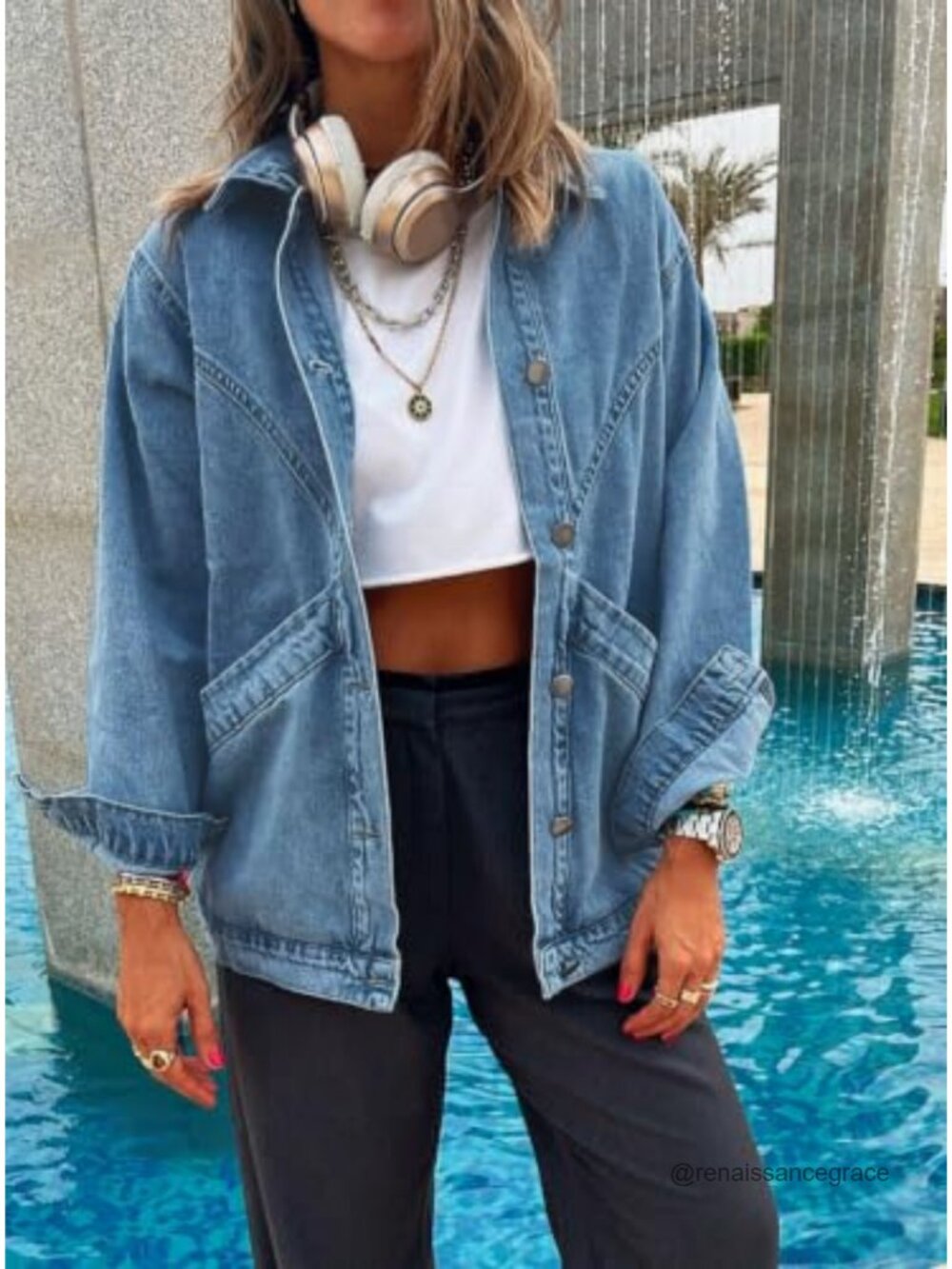 Women's Casual Oversized Denim Shacket Long Sleeve Pockets